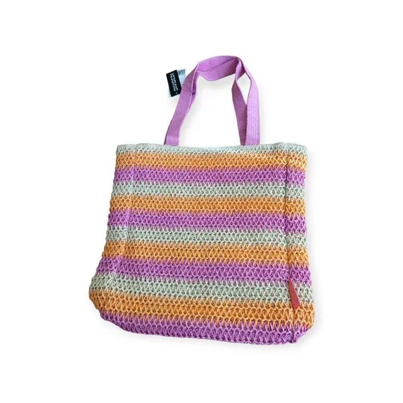 H&M Straw Crochet Oversized Beach Bag Pink Orange Tote NWT Summer Vacation - Picture 7 of 10